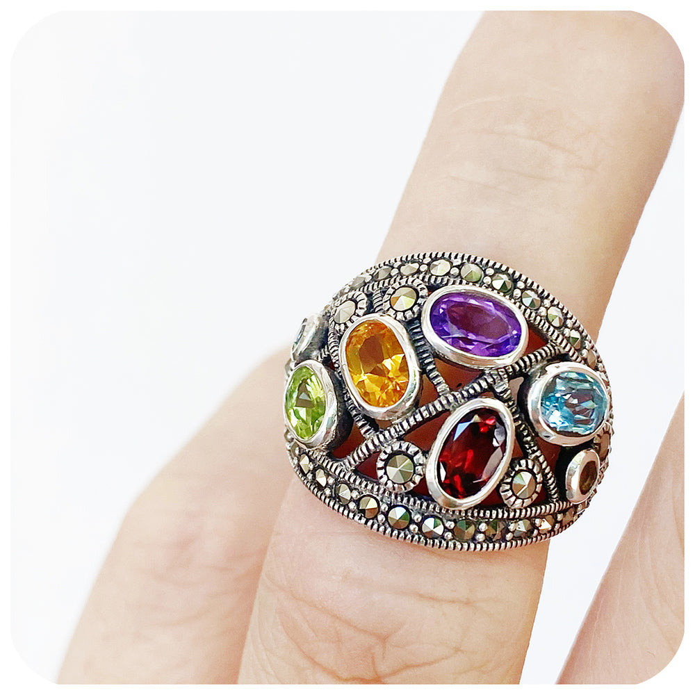 The Rainbow Dome Ring in Sterling Silver with Marcasite