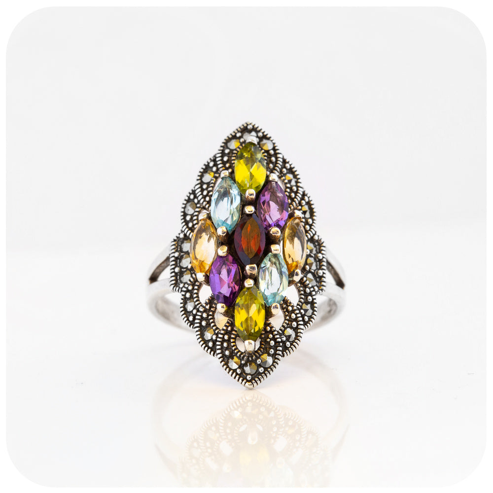 Rainbow Marquise cut Ring in Sterling Silver with Marcasite - 6x3mm
