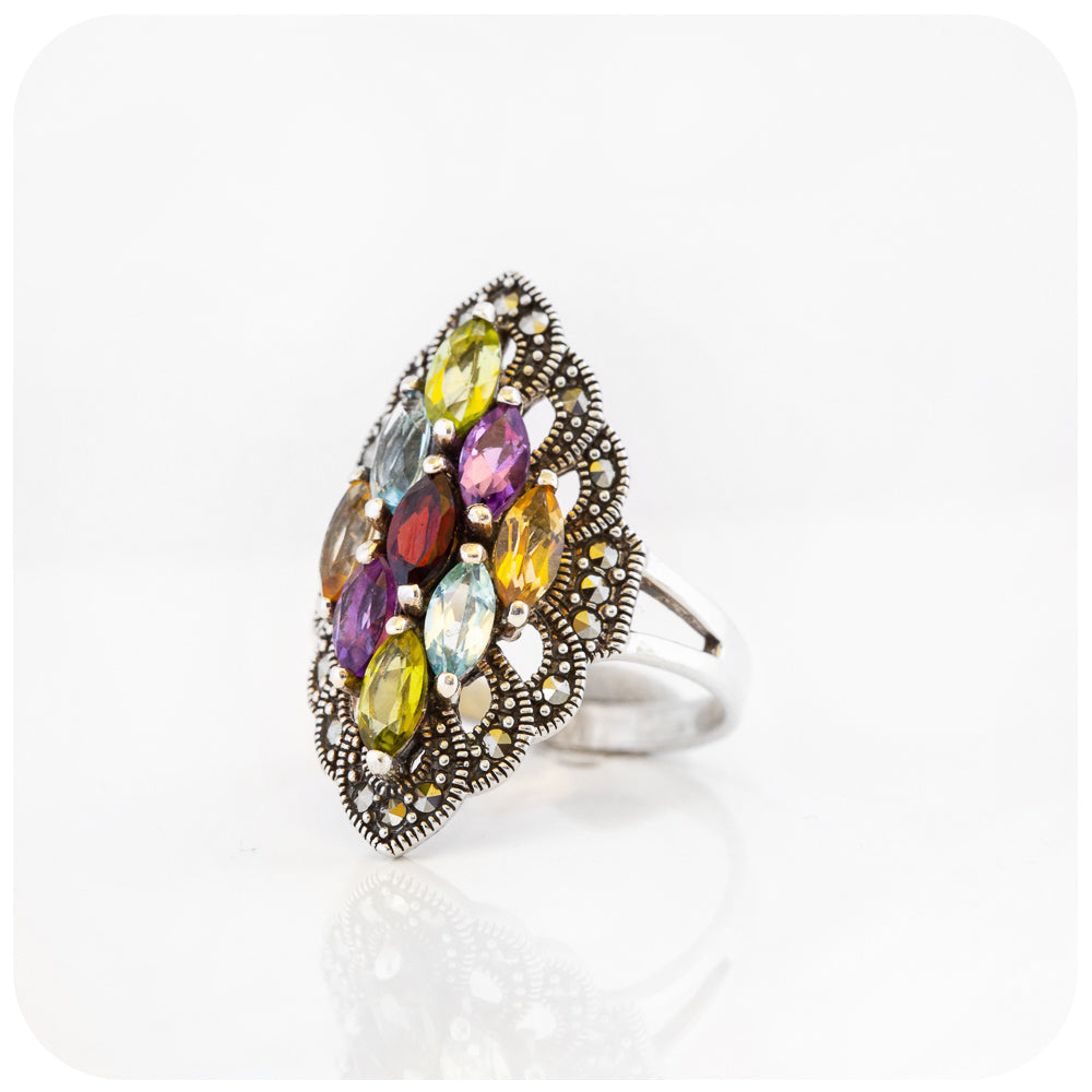 Rainbow Marquise cut Ring in Sterling Silver with Marcasite - 6x3mm