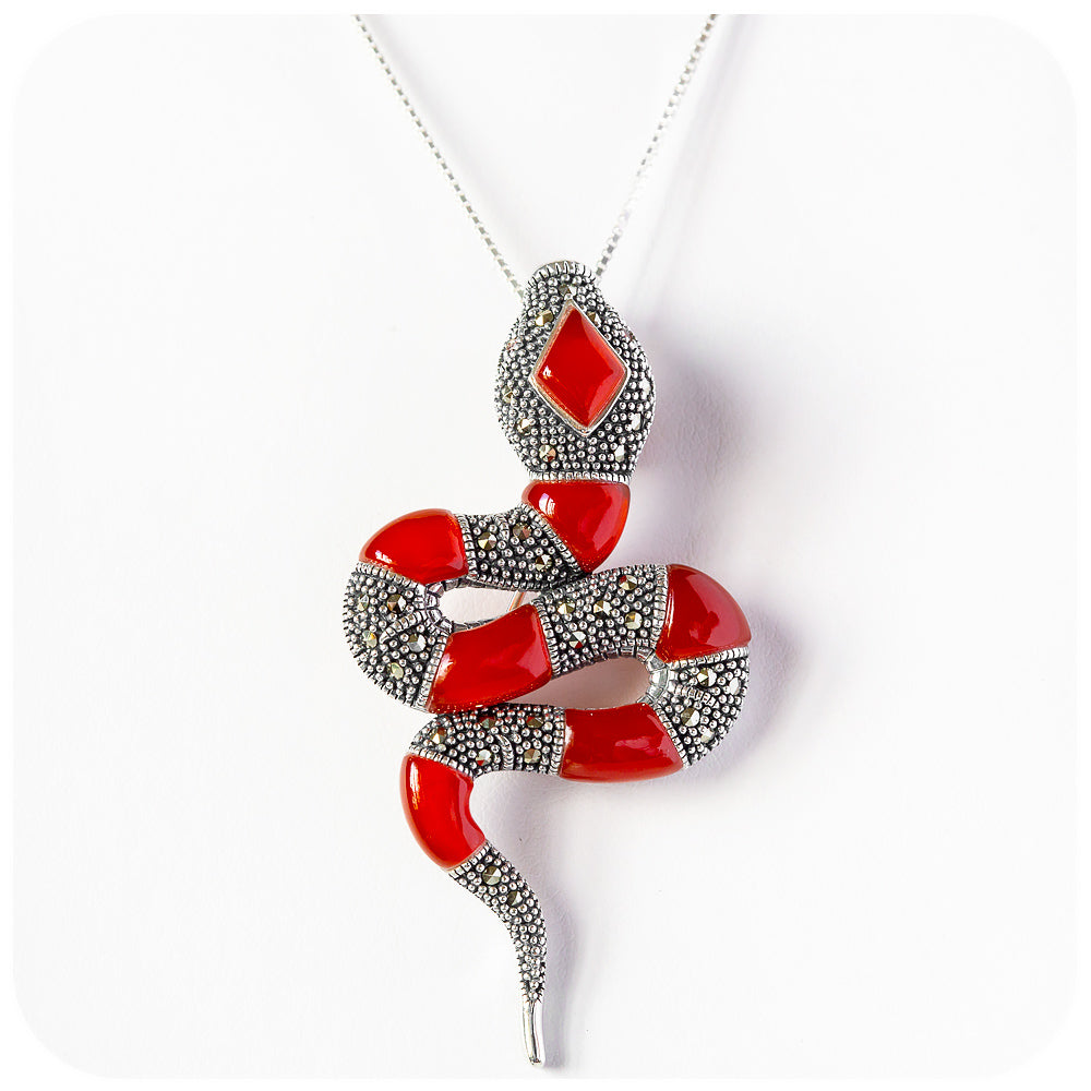 The Snake, Red Agate and Marcasite Brooch and Pendant