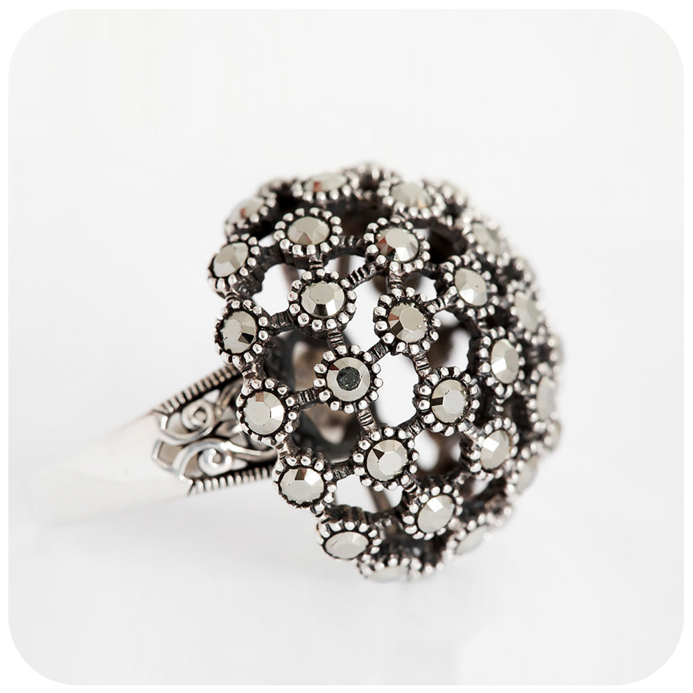 Silver Marcasite Dome Cocktail Ring - Victoria's Jewellery