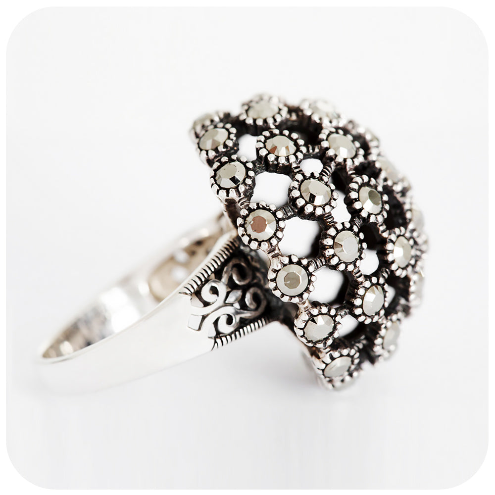Silver Marcasite Dome Cocktail Ring - Victoria's Jewellery
