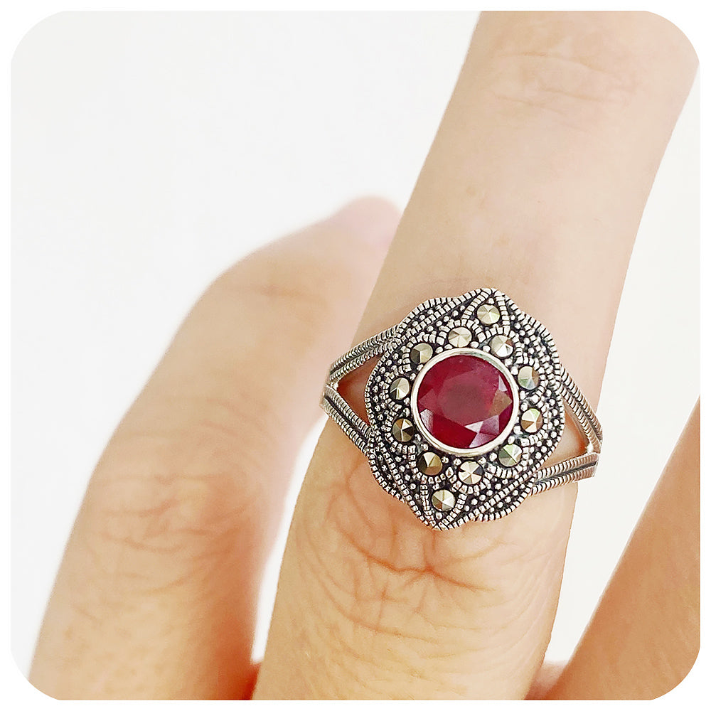 The Vintage Ruby and Marcasite Ring in Sterling Silver