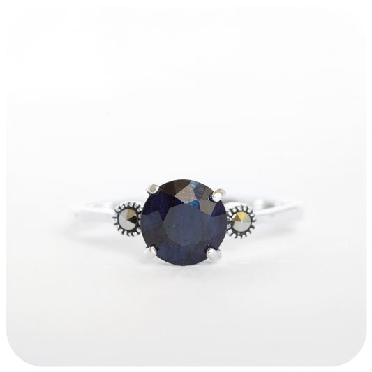The Sapphire and Marcasite Trilogy Ring in Sterling Silver