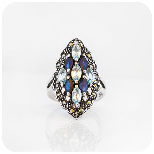 Blue Topaz and Sapphire Marquise Ring in Sterling Silver with Marcasite