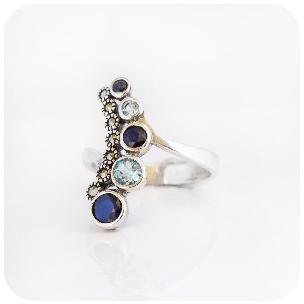 Sapphire and Topaz Ring in Sterling Silver with Marcasite