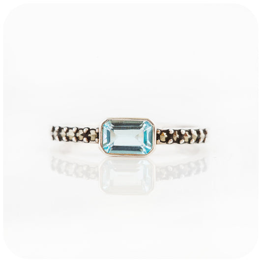Rectangular Sky Blue Topaz and Marcasite Stack Ring in Sterling Silver