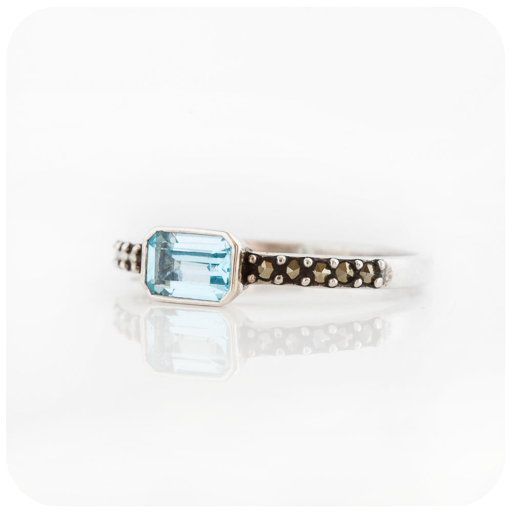 Rectangular Sky Blue Topaz and Marcasite Stack Ring in Sterling Silver