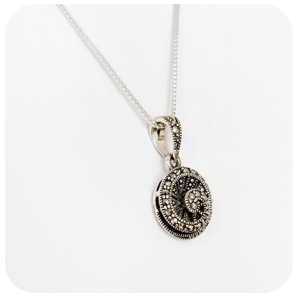 Sterling Silver Spiral Pendant and Chain with Marcasite - 10mm - Victoria's Jewellery