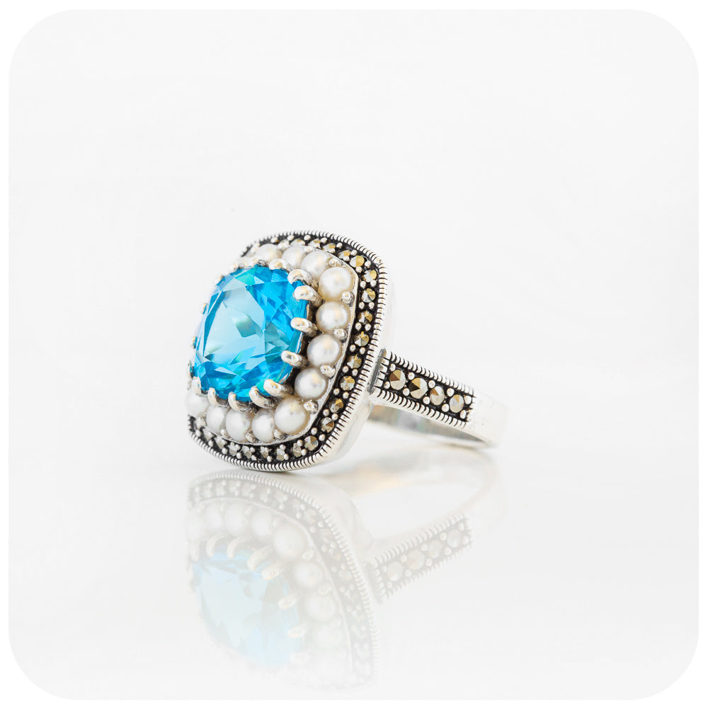 cushion cut swiss blue topaz and fresh water pearl cocktail ring - Victoria's Jewellery