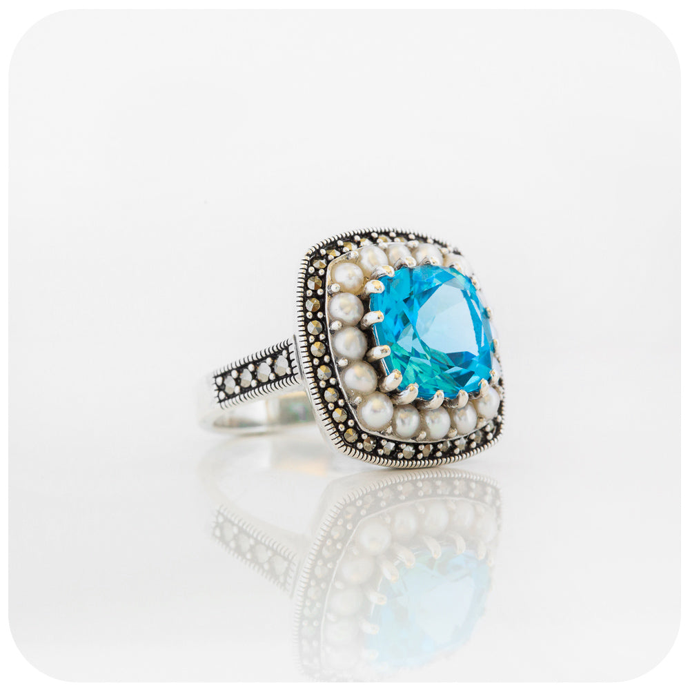 cushion cut swiss blue topaz and fresh water pearl cocktail ring - Victoria's Jewellery