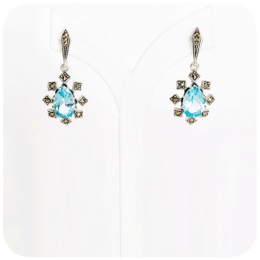 Pear cut Swiss Blue Topaz and Marcasite Earrings in Sterling Silver - Victoria's Jewellery