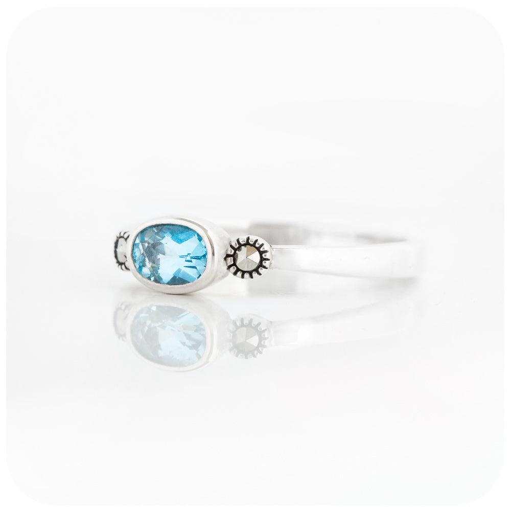 Oval cut Swiss Blue Topaz and Marcasite Stack Ring in Sterling Silver