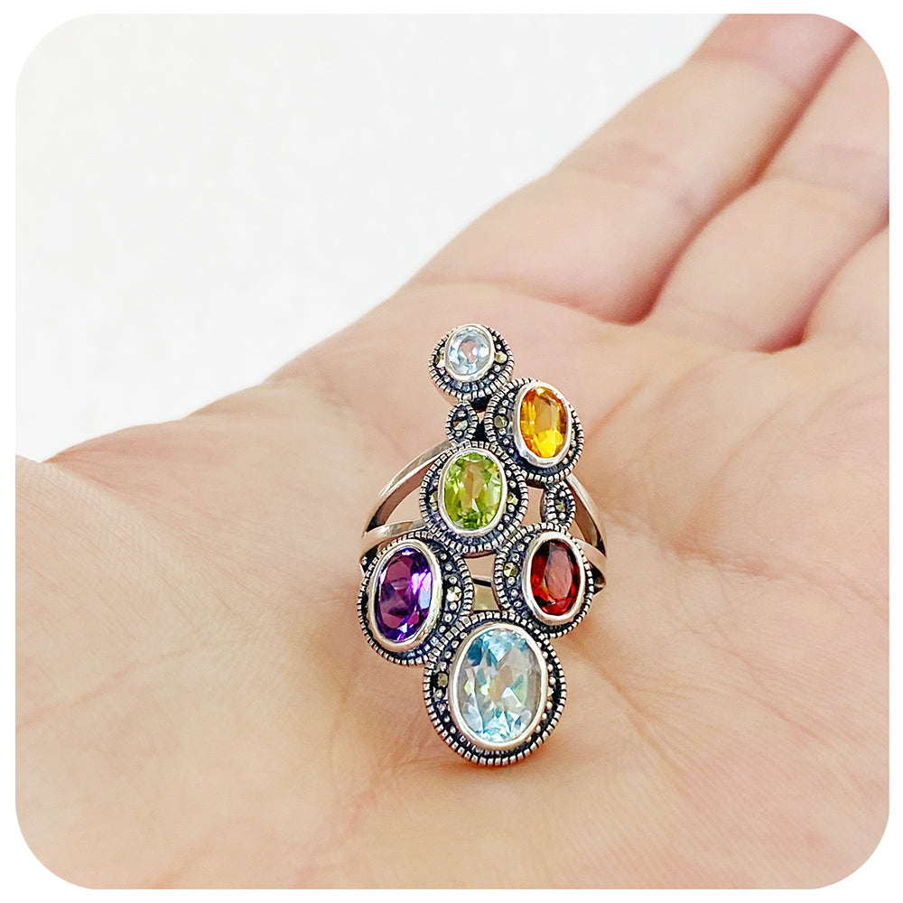 The Rainbow Multi-Colour Ring in Sterling Silver with Marcasite