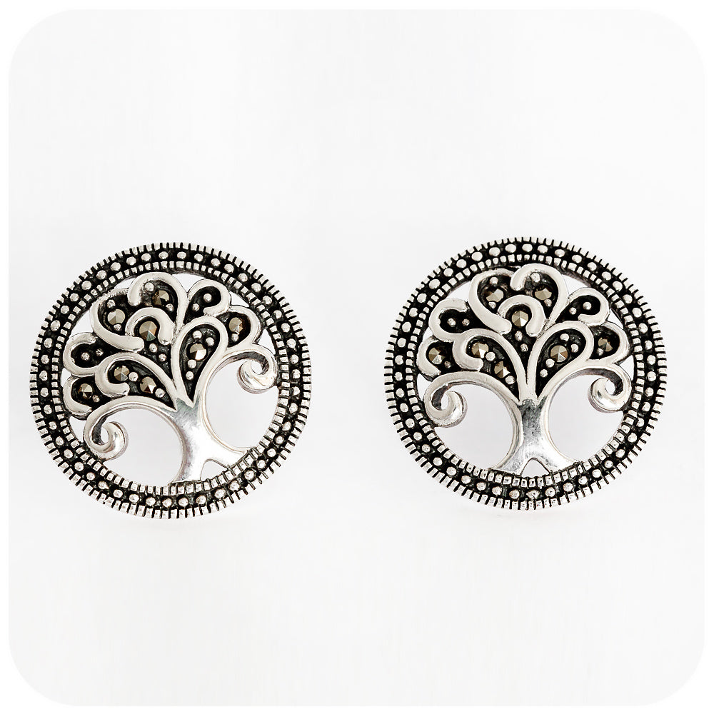 Tree of Life Stud Earrings in Sterling Silver with Marcasite Details - Victoria's Jewellery