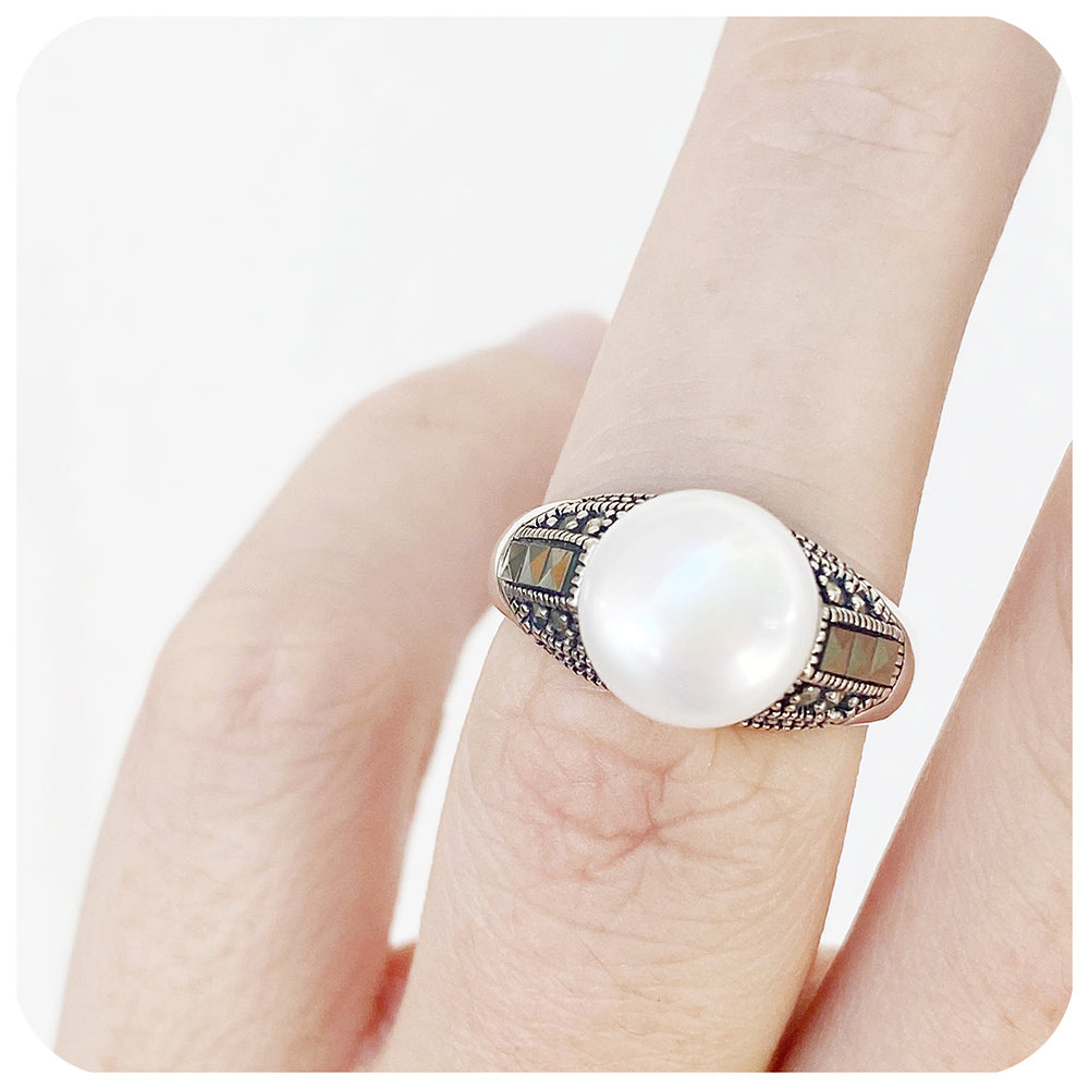 White Fresh Water Pearl and Marcasite Ring in Sterling Silver