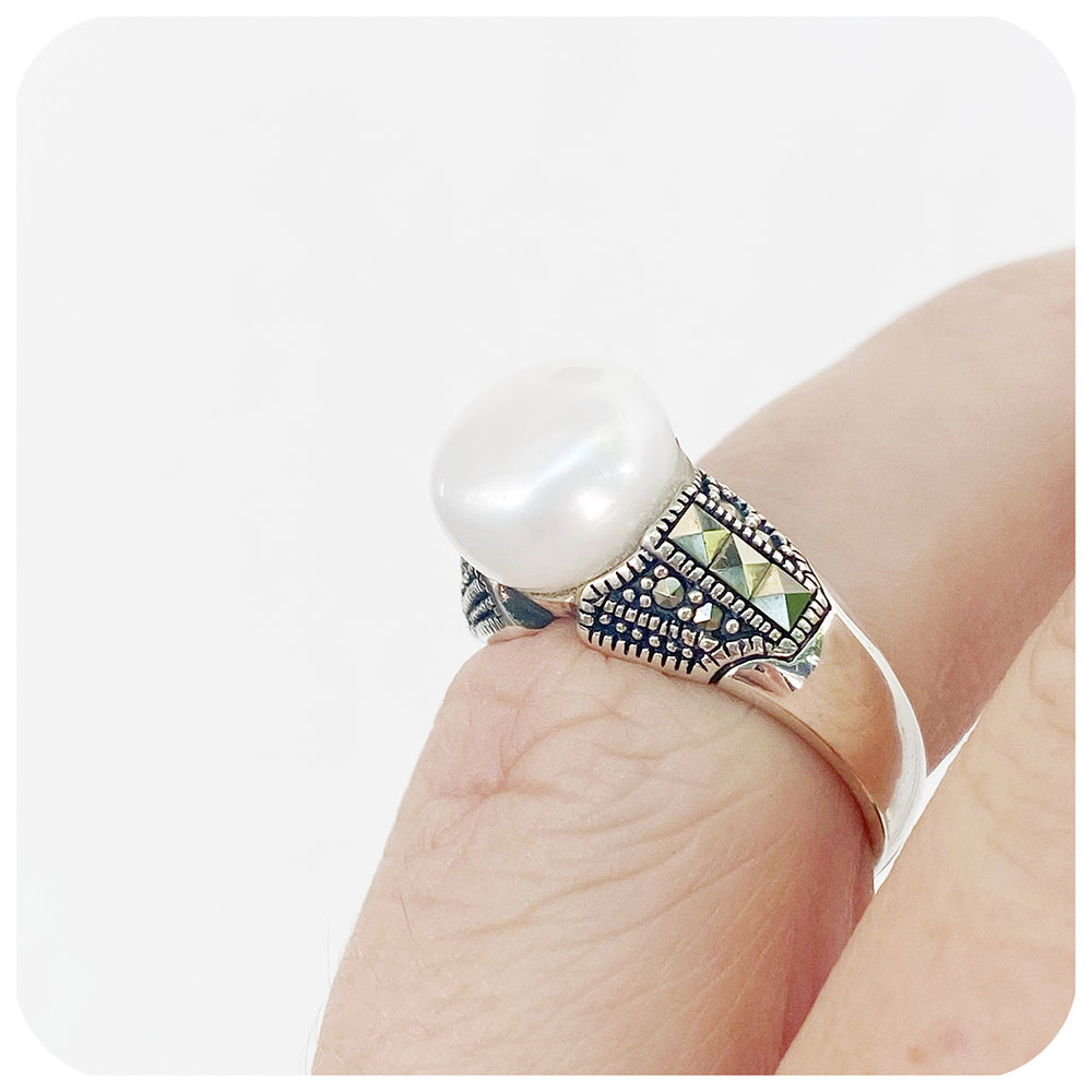 White Fresh Water Pearl and Marcasite Ring in Sterling Silver