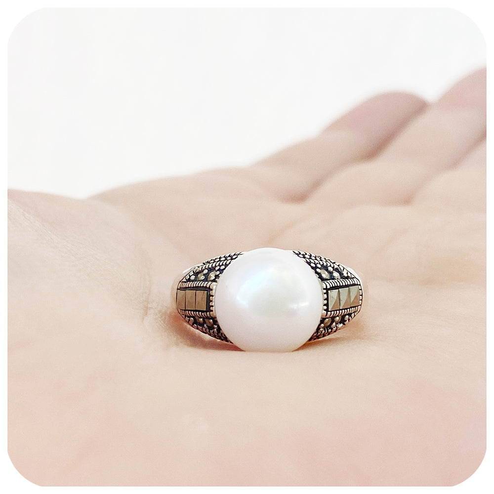 White Fresh Water Pearl and Marcasite Ring in Sterling Silver