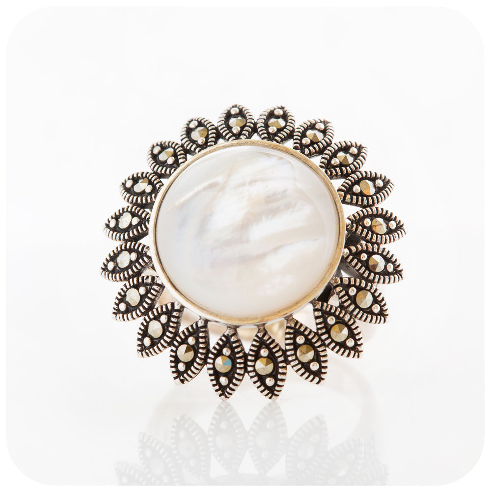 Round white Mother of Pearl sunflower design ring in sterling silver - Victoria's Jewellery