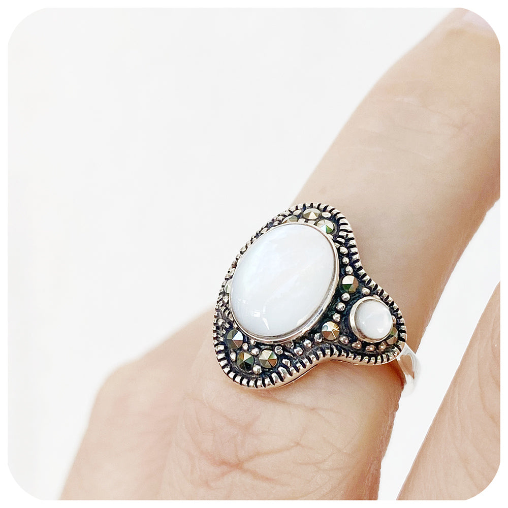 Moroccan Mother of Pearl and Marcasite Ring in Sterling Silver