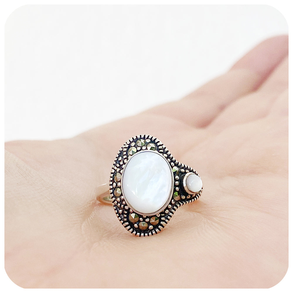 Moroccan Mother of Pearl and Marcasite Ring in Sterling Silver
