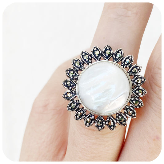 Mother of Pearl and Marcasite Sunflower Ring