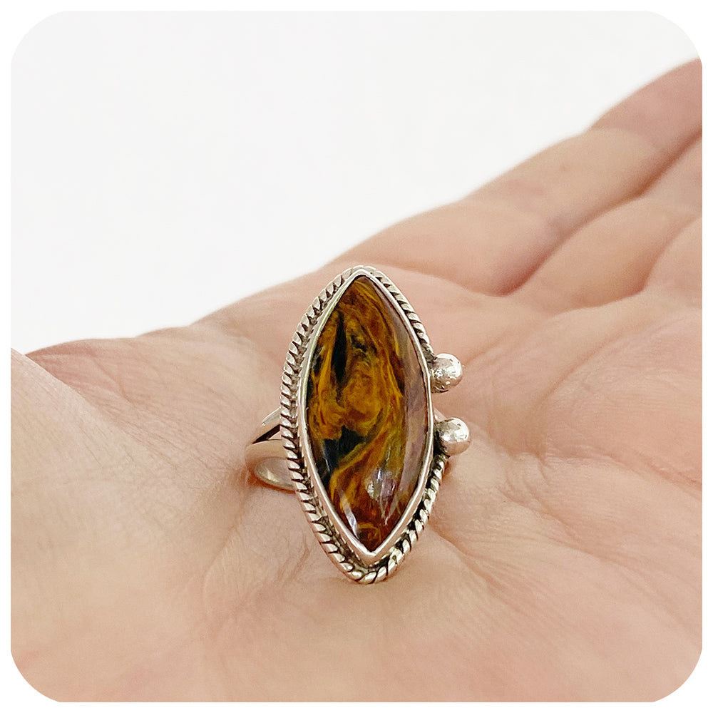 Marquise cut Pietersite ring with rope design - Victoria's Jewellery