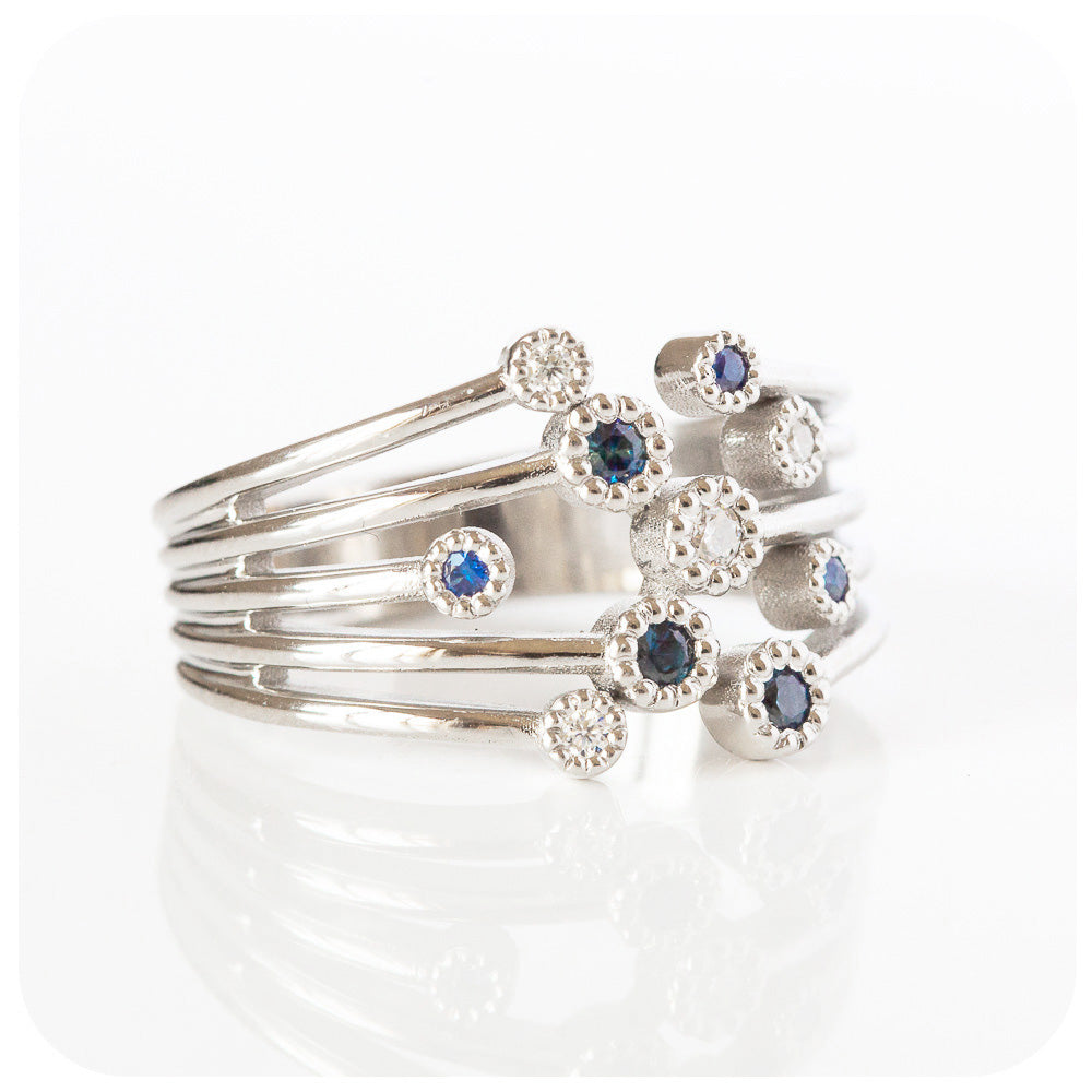 Blue Sapphire and Moissanite Cluster Ring - Victoria's Jewellery