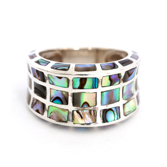 Blue and Green Mother of Pearl Ring in Sterling Silver