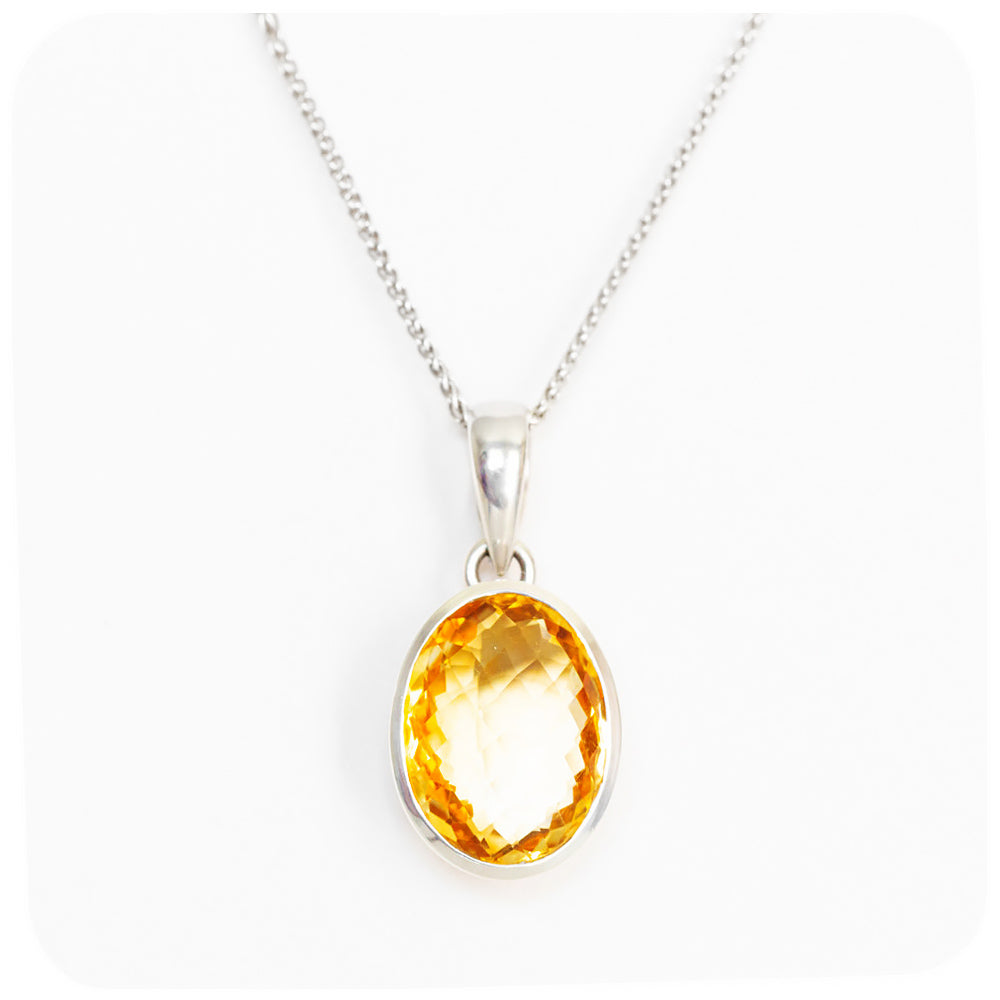 Honey Yellow Oval Citrine Pendant In Sterling Silver - 20x14mm - Victoria's Jewellery