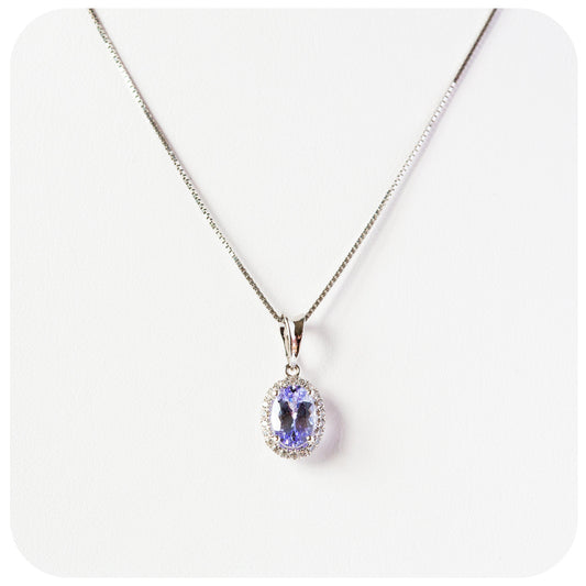 Oval cut Tanzanite with White Halo, Pendant and Chain in Sterling Silver