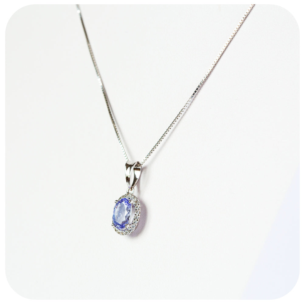 Oval cut Tanzanite with White Halo, Pendant and Chain in Sterling Silver