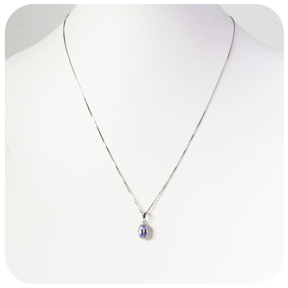 Oval cut Tanzanite with White Halo, Pendant and Chain in Sterling Silver