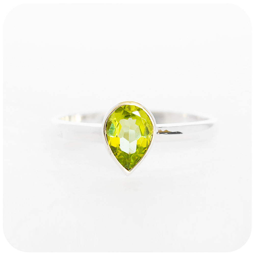 Pear cut Peridot tube set solitaire ring - Victoria's Jewellery
