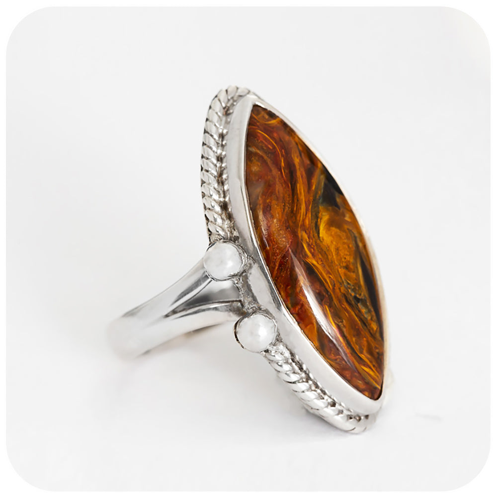 Marquise cut Pietersite ring with rope design - Victoria's Jewellery