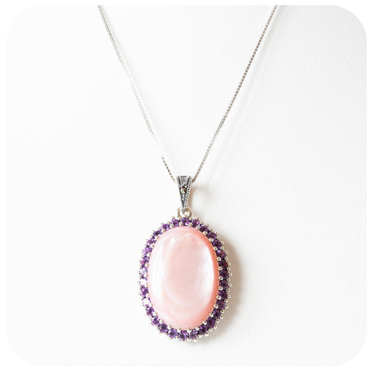 Pink Mother of Pearl and Amethyst Halo Pendant in Sterling Silver