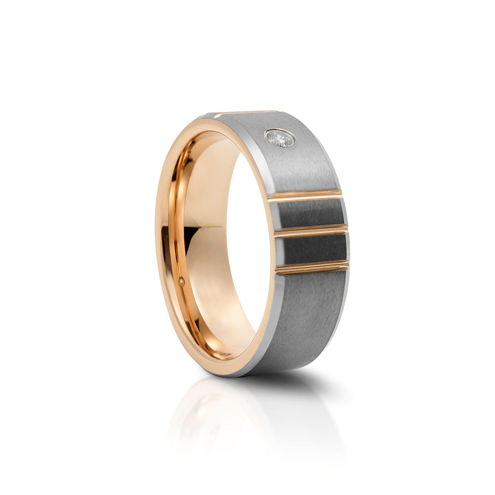 Tungsten mens wedding ring with silver brushed finish and rose gold plating, featuring a cubic zirconia stone - Victoria's Jewellery
