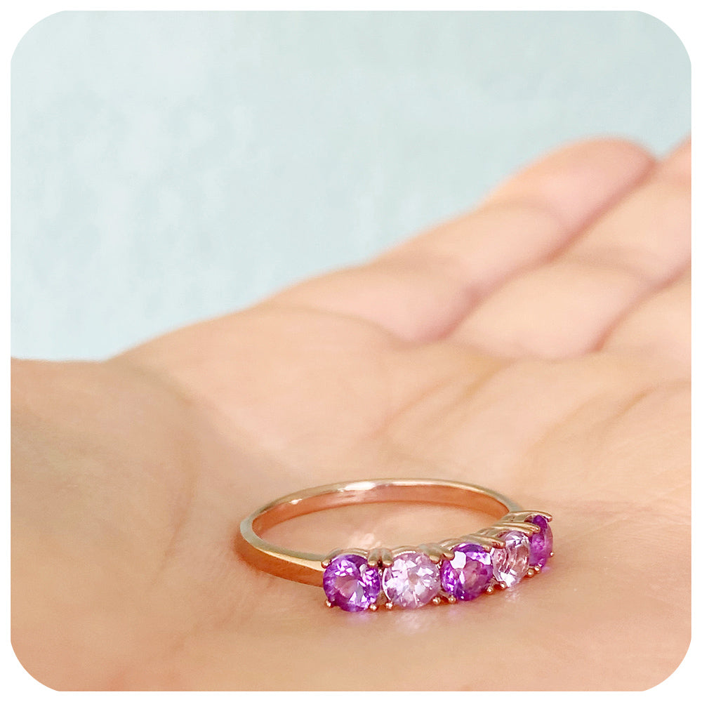 brilliant round cut pink and purple amethyst half eternity anniversary ring in rose gold