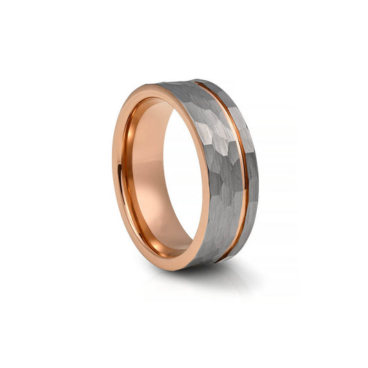 mens tungsten engagement wedding ring with hammered surface and rose gold