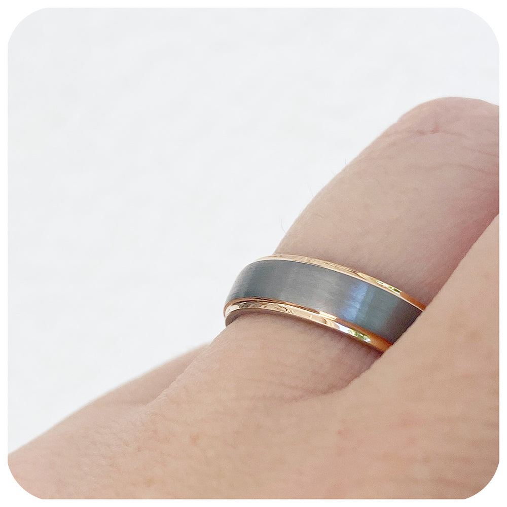 Nicholas, a Brushed Metal with Rose Gold Edges Tungsten Ring - 6mm