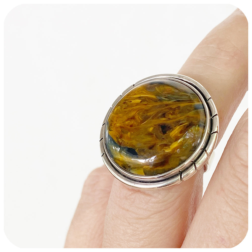 Round Cabochon cut Pietersite Ring in Silver