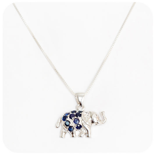 Sterling Silver Elephant Pendant with Blue Sapphires