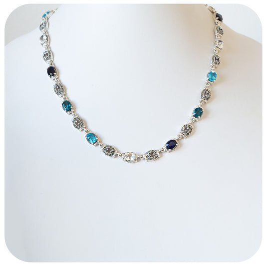 The Oval Sapphire, Topaz and Marcasite Necklace in Sterling Silver