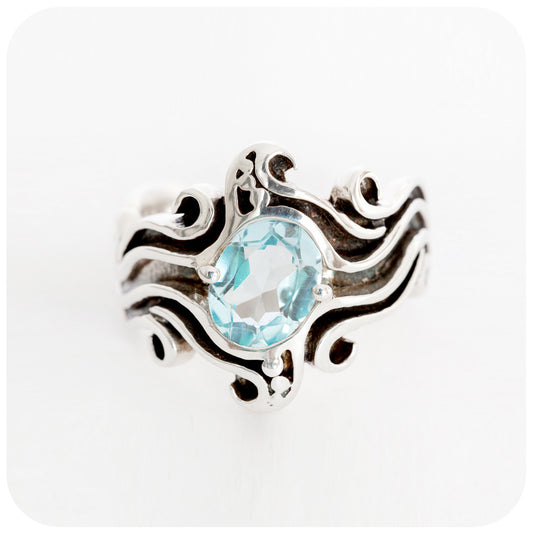 Sky Blue Topaz Wave Ring in Sterling Silver and Subtle Oxidisation - Victoria's Jewellery