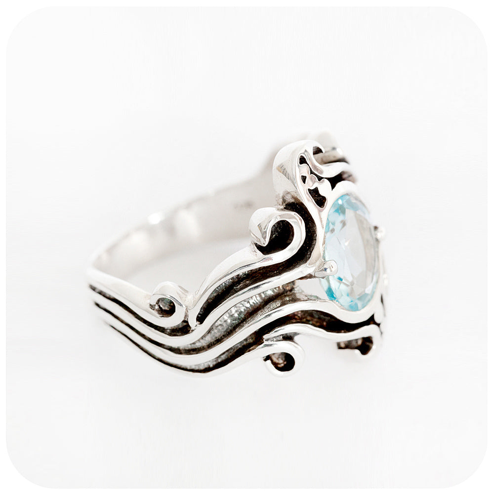 Sky Blue Topaz Wave Ring in Sterling Silver and Subtle Oxidisation - Victoria's Jewellery
