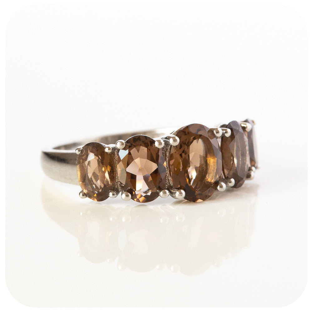 oval cut smoky quartz half eternity anniversary ring