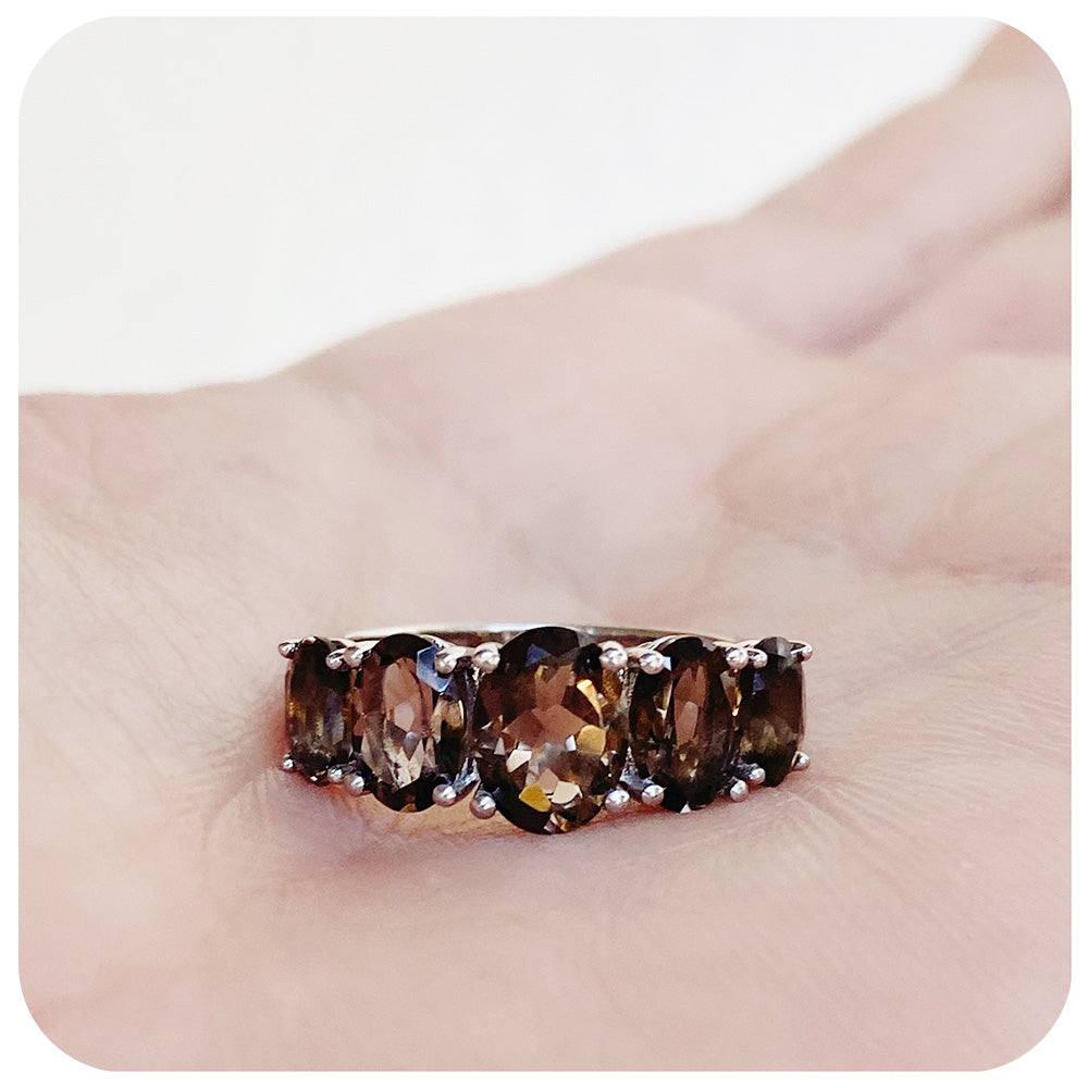 oval cut smoky quartz half eternity anniversary ring