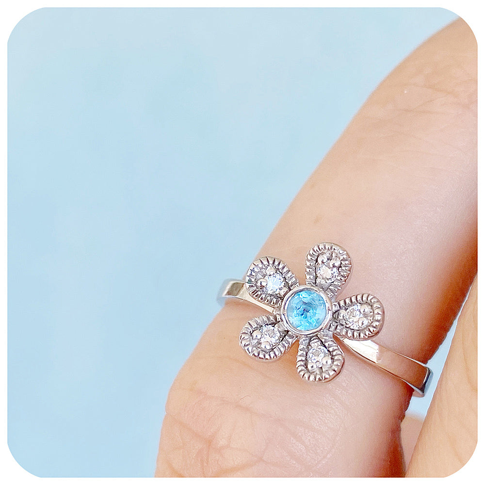 The Flower, Blue Topaz and Cubic Zirconia Ring in Sterling Silver