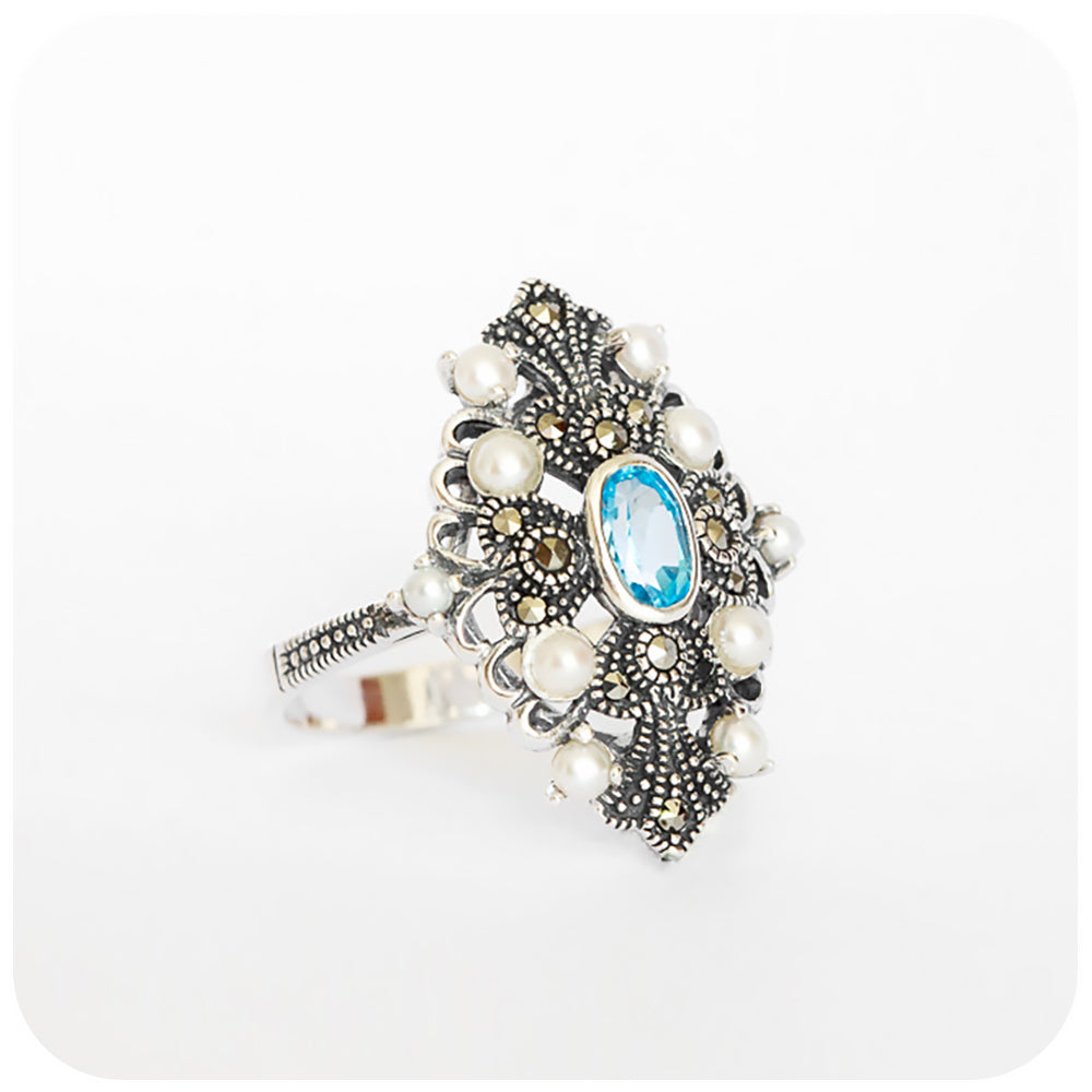 Swiss Blue Topaz and Pearl Ring with Marcasite