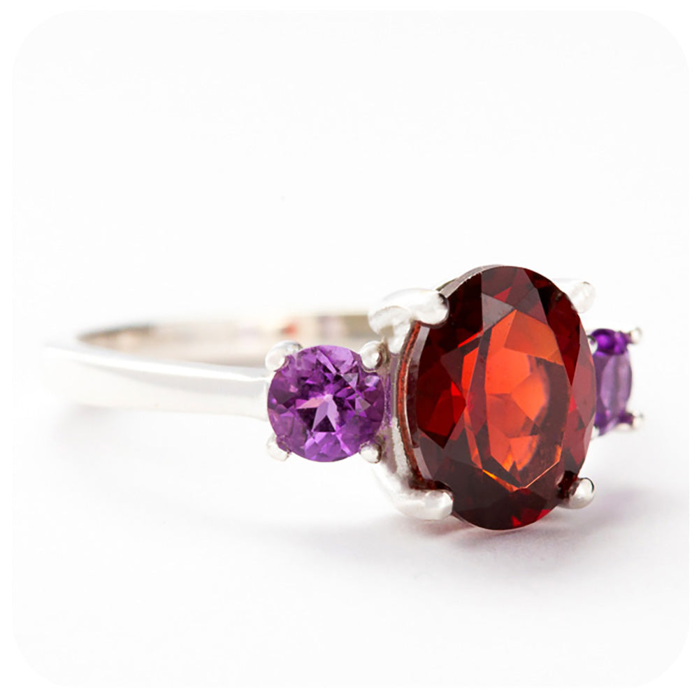 Oval cut Garnet and Amethyst Trilogy Anniversary Ring - Victoria's Jewellery